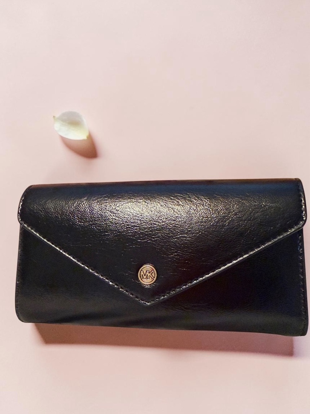 Michael Kors Black Leather Envelope Clutch Wallet with MK Button